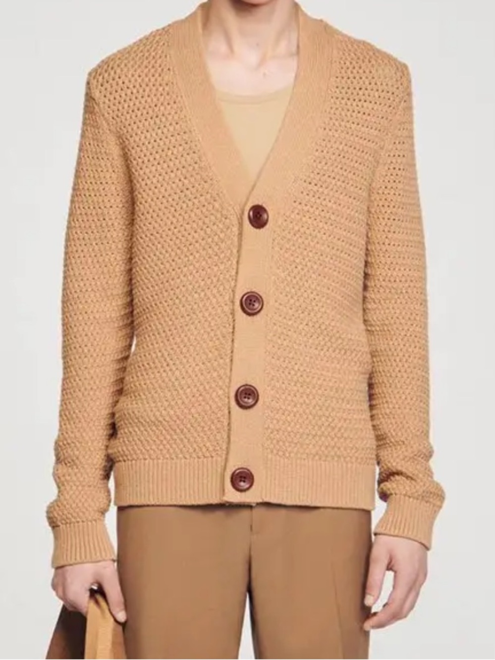 Sandro Men's Chunky Knit V-Neck Cardigan in Camel Brown